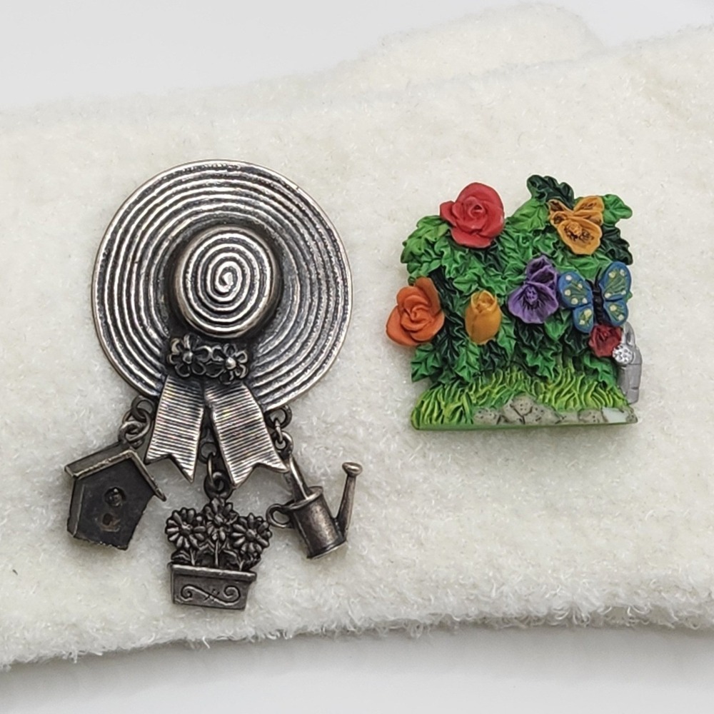 Vintage Gardening Brooch Set Silver Hat Charms Floral Butterfly Gardeners Gift